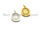 CZ Micro Pave Hexagon With Mary Pendant,Cubic Zirconia Hexagon Charm, Silver/Gold Pendant, Religious Jewelry, 13x16mm,sku#Y212