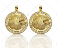 18K Gold Embossment Wolf Head On Round Coin Shape Pendant, Round Charm, Animal Pave Pendant, Gold plated, 25mm, Sku#LK60