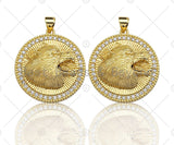 18K Gold Embossment Wolf Head On Round Coin Shape Pendant, Round Charm, Animal Pave Pendant, Gold plated, 25mm, Sku#LK60