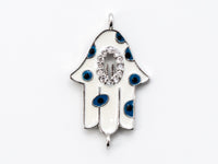 CZ Micro Pave Hamsa Hand Connector with Blue Evil Eyes, 22x13mm, SKU#E242