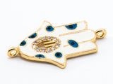 CZ Micro Pave Hamsa Hand Connector with Blue Evil Eyes, 22x13mm, SKU#E242