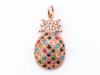 CZ Micro Pave Mixed Color Pineapple Pendant, Colored CZ Pave in Gold/Silver/Rose Gold/Black Finish Charm, 24x13mm, SKU#F177