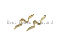 Clear CZ Micro Pave Snake Shape Pendant/Charm, Snakea Cubic Zirconia Pendant,Gold Tone, 10x39mm,Sku#Z795