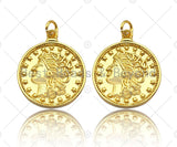 18k Dainty Gold Embossed Queen Coin Charms, Dainty Gold Emblem Pendant, Round Necklace Charms, 18mm, Sku#Z1249