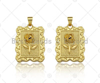 18K Dainty Gold Rose Flower Rectangle Charm, sku#LK231