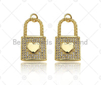 CZ Micro Pave Heart On Lock Shape Pendant/Charm,18K Gold Fil