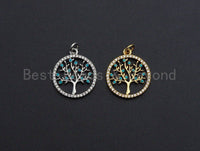 Turquoise CZ Micro Pave Hollow out Tree Round Pendant/Charm, Tree Cubic Zirconia Pendant, Silver/Gold Tone,18x21mm,Sku#Z495