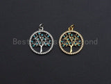 Turquoise CZ Micro Pave Hollow out Tree Round Pendant/Charm, Tree Cubic Zirconia Pendant, Silver/Gold Tone,18x21mm,Sku#Z495