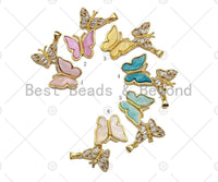 CZ Micro Pave Butterfly with MOP Butterfly Pendants/Charm, Colorful Butterfly Pendant, Double Bufferfly Charm, 25x32mm, Sku#LK183