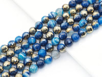 Half Gold Plated Blue Banded Agate Faceted Round Beads, 8mm/10mm, Sku#UA299