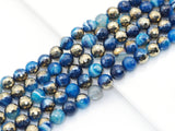 Half Gold Plated Blue Banded Agate Faceted Round Beads, 8mm/10mm, Sku#UA299