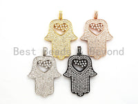 CZ Micro Pave Hamsa Hand with Heart Pendant, Cubic Zirconia Large Hamsa hand Pendant, Gold/Silver/Black/Rose Gold 27x35mm,SKU#F521