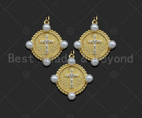 Gold Filled CZ Micro Pave Cross Medallion Pendant,18K Gold Filled Mother of Pearl Charm, Necklace Bracelet Pendant,25x23mm,Sku#LK348