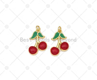 Enamel Red Cherry Shape with Green Leaf Pendant, 18K Gold Fi