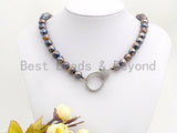 Plated Brown Tiger Eye Attachment Necklace with Large CZ Pave Silver clasp, 18 long, 8mm/10mm beads size, sku#D46