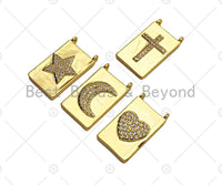 CZ Micro Pave Cresent Heart Star Cross On Rectangle Charms, Dainty Gold Charms Pendant, Rectangle Necklace Pendant, 12x21mm, Sku#F1346