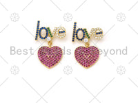 Colorful CZ Micro Pave Love Word With Fuchsia CZ Heart Shape Pendant,18K Gold Filled Love Charm,Necklace Bracelet Pendant,19x28mm,Sku#LK398