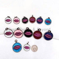 25mm/34mm Enamel Round Charm with  Fuchsia Lip, Enamel Pendant Charms, Enamel Oil Drop CZ Charm, Lip Kiss Charm,17x20mm,sku#F610