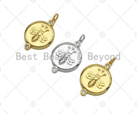 CZ Micro Pave Bee Crown On Round Coin Pendant/Charm, Bracelet Necklace CZ  Round Pendant Charm, Silver/Gold Tone,18x26mm,Sku#L460