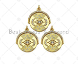 CZ Micro Pave Evil Eye with Crescent Moon On Round Coin Shape, 18K Gold Medallion Charm, Necklace Bracelet Charm Pendant,19x22mm,Sku#Z1332