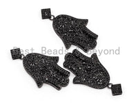 Black CZ Pave On Black Micro Pave Hamsa Hand with Flat Square Bail Pendant, 26x39mm, sku#F378