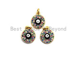 CZ Colorful Micro Pave Round With Evil Eye Pendant, Coin Shaped Pave Pendant, Gold plated, 10x12mm, Sku#F842