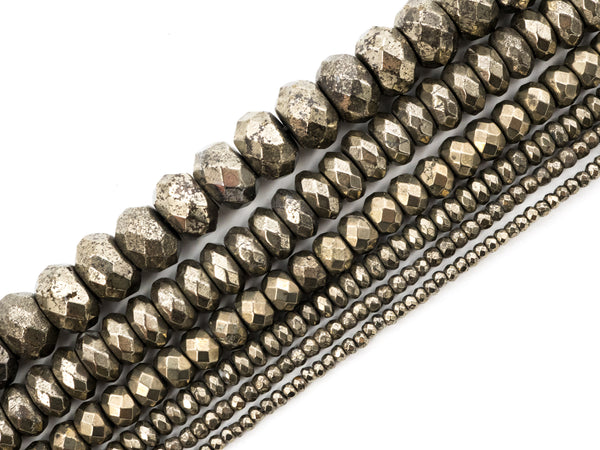 Quality Natural Faceted Pyrite Rondelle Beads,6x10mm/5x8mm/6x4mm/4x3mm/3x2mm, Pyrite Gemstone Beads, 15.5" Full Strand SKU#W4