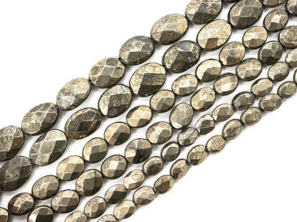Quality Natural Pyrite Beads,Flat Oval Faceted Pyrite Gemstone Beads, 6x8mm/10x14mm, 15.5" FULL Strand, SKU#W6