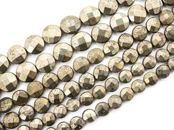 Quality Natural Pyrite Coin Beads, Faceted Flat Coin Pyrite Gemstone Beads, 8mm/10mm/12mm Coin Pyrite, 16" Full Strand, SKU#W12