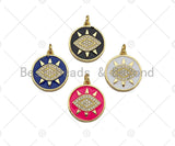 Colorful Enamel PAVE Evil Eye On Round Coin Pendant, Gold En