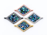 CZ Micro Pave Abalone Diamond Shape Connector,Gold/Rose Gold/Gunmental/Silver CZ Pave Charm, Abalone Stone Beads, 14x23mm,1pc/2pcs, sku#E313