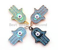 CZ Micro Pave Turquoise Hamsa Hand With Evil Eye Pendant/Charm,Cubic Zirconia Pendant,Fashion Jewelry Findings, 18x28mm, sku#F18