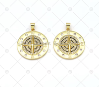 CZ Micro Pave Compass On Round Coin Shape Pendant, 18K gold Filled Medallion Charm, Necklace Bracelet Charm, Sku#LK531