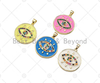 Gold Filled Colorful CZ Evil Eye On Enamel Round Coin Shape Pendant, 18K Gold Filled Micro CZ Pave Charm, 25x23mm,Sku#FH173