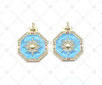 CZ Micro Pave Sun on Blue Enamel Octagon Shape Pendant, 18K Gold Filled Sunburst Charm, Necklace Bracelet Charm Pendant,Sku#Y548