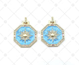 CZ Micro Pave Sun on Blue Enamel Octagon Shape Pendant, 18K Gold Filled Sunburst Charm, Necklace Bracelet Charm Pendant,Sku#Y548
