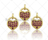 CZ Micro Pave Fuchsia Heart Lock Charm, Fuchsia CZ Heart Charm, Lock Pave Pendant, Gold Lock, 11x15mm, Sku#LK79