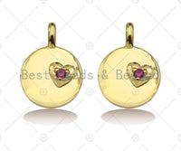 Fuchsia CZ Micro Pave Heart On Round Coin Shape Charm,18K Dianty Gold Medallion  Charm, Necklace Bracelet Charm Pendant,13x18mm, Sku#LK257