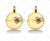 Fuchsia CZ Micro Pave Heart On Round Coin Shape Charm,18K Dianty Gold Medallion  Charm, Necklace Bracelet Charm Pendant,13x18mm, Sku#LK257