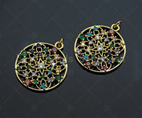 Gold Colorful Charms, Colorful Filigree Charms, Multi-Color Round Pendant, Gold Charm, Gold Pendant, Necklace Charms, 25x28mm, Sku#LK99