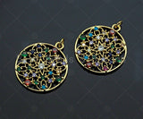 Gold Colorful Charms, Colorful Filigree Charms, Multi-Color Round Pendant, Gold Charm, Gold Pendant, Necklace Charms, 25x28mm, Sku#LK99