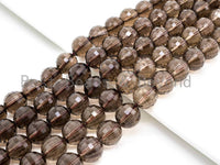 High Quality Natural Watermelon Cut Faceted Smoky Quartz beads, 8mm/10mm/12mm, Round Brown Quartz Gemstone Beads, 15inch strand, SKU#V13