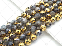 Half Gold Plated Grey Agate Beads, 8mm/10mm/12mm Round Faceted Gold Gray Banded Agate Beads, 15.5" Full Strand, sku#UA130