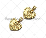 Dainty Gold Rose Flower On Heart Shape Charms, Dainty Charms, Gold Pendant, Heart Necklace Charms, 15x14mm, Sku#F1296