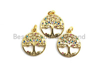 CZ Colorful Micro Pave Round With Tree Pendant, Tree Pave Pendant/Charm, Gold plated, 14x16mm, Sku#F759