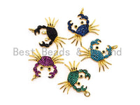 CRAB Inspired Charm, CZ Micro Pave Fuchsia/Black/Turquoise/Cobalt/Blue Crab Pendant, Cubic Zirconia Pendant,Gold Plated,23x28x3mm,SKU#F449