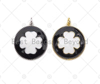 White Enamel Clover On Black Round Coin Pendant,CZ Micro Pave Enamel pendant,Enamel pendant,Enamel Jewelry,24x27mm,sku#Z1213