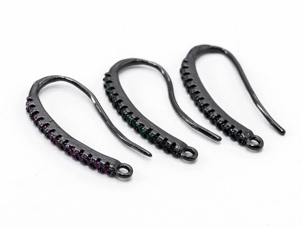 1pair,CZ Micro Pave Earring Wires Hooks, Black/Cobalt/Green/Fuchsia/Violet Cubic Zirconia,Black Rhodium Plated, 19x10mm, sku#J22