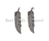 CZ Micro Pave Feather Pendant, Antique Silver Tone, Clear Cubic Zirconia Big Pave Feather Charm Pendant, 14x58mm,sku#F1011