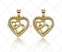 CZ Micro Pave Double Heart On Heart Shape Pendant,18K Dainty Gold Charm, Necklace Bracelet Charm Pendant,18x19mm,Sku#JL37